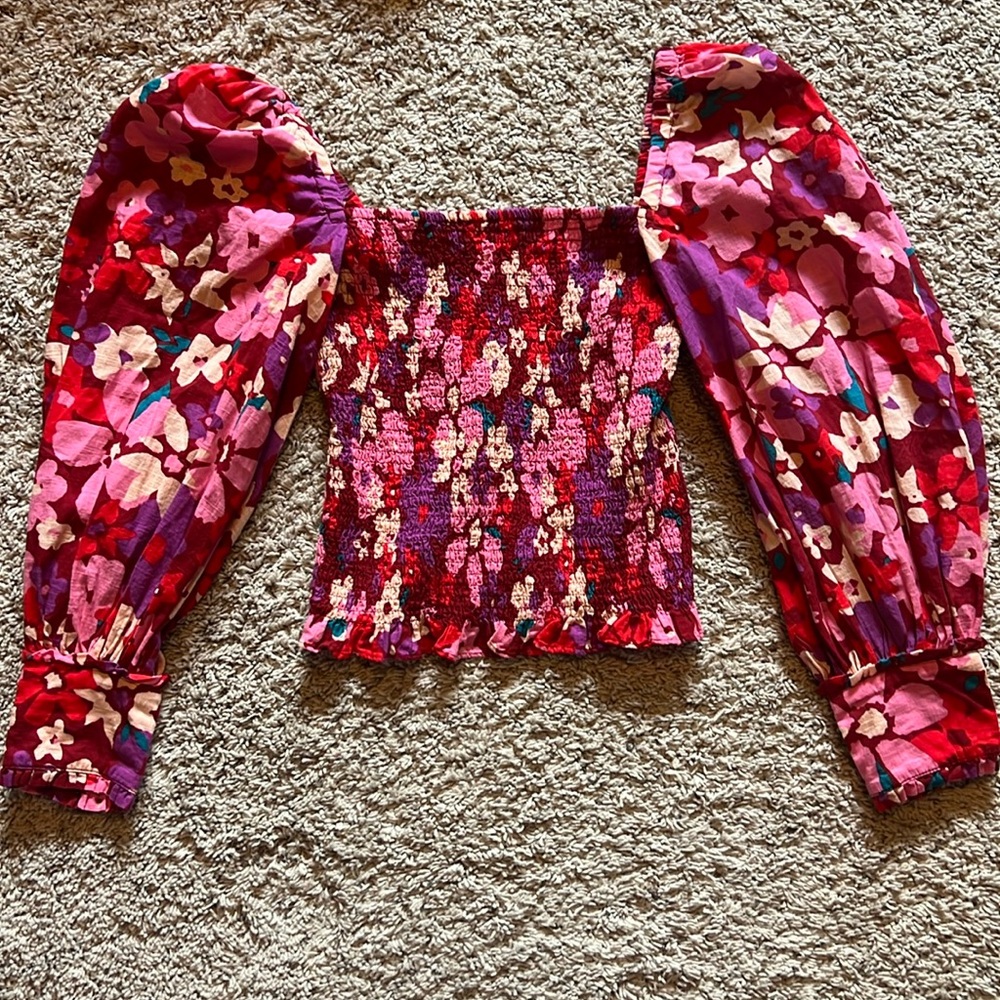 Womens Free People red pink floral blouse puffy long sleeves top size XS